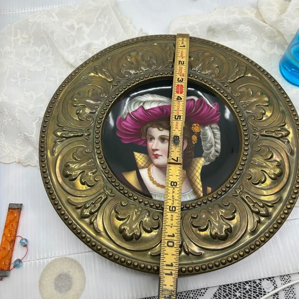 Antique Wall Plate Ornate Hand Painted Portrait Filigree Metal Circle Frame